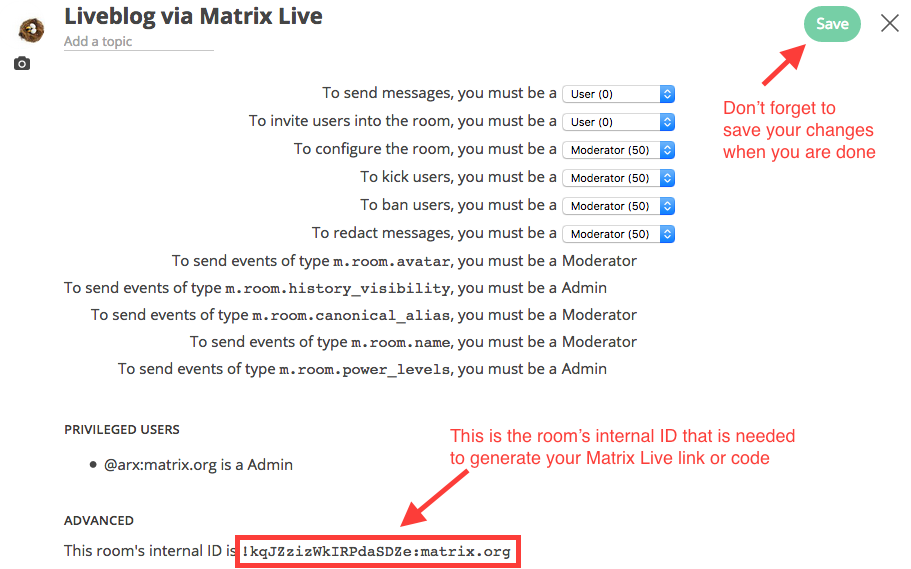 Write down your internal room ID and save your changes